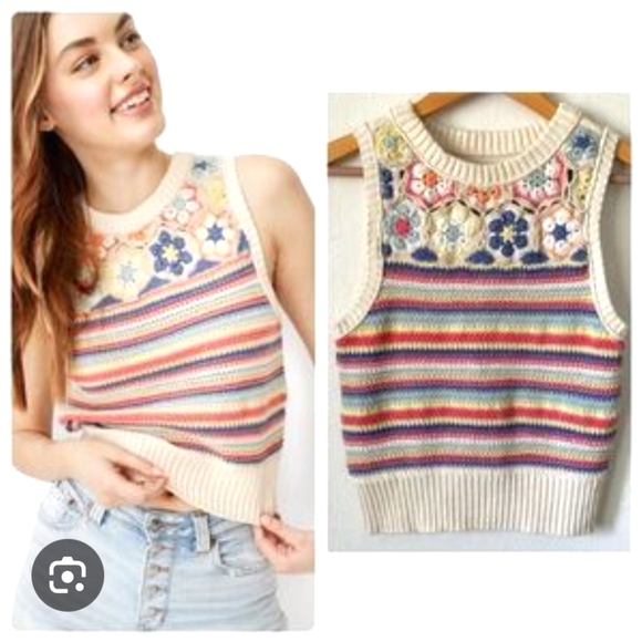 American Eagle Outfitters Tops - AEO Stripe Floral Crochet Tank Top XS